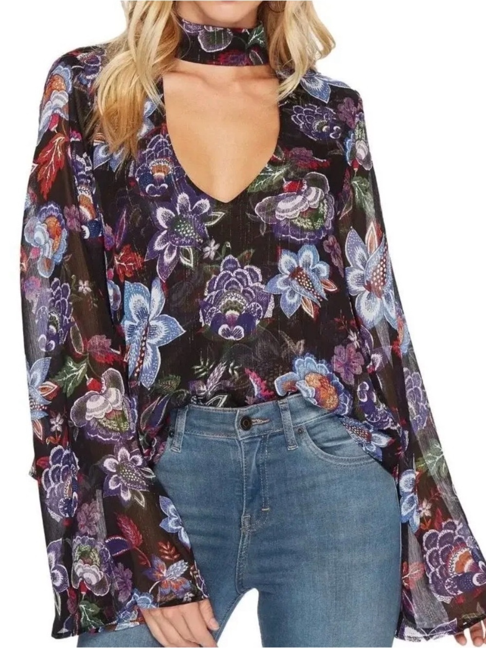 Show Me Your Mumu XS Olsen City Nights Glimmer Floral V-neck Bell Sleeve Top